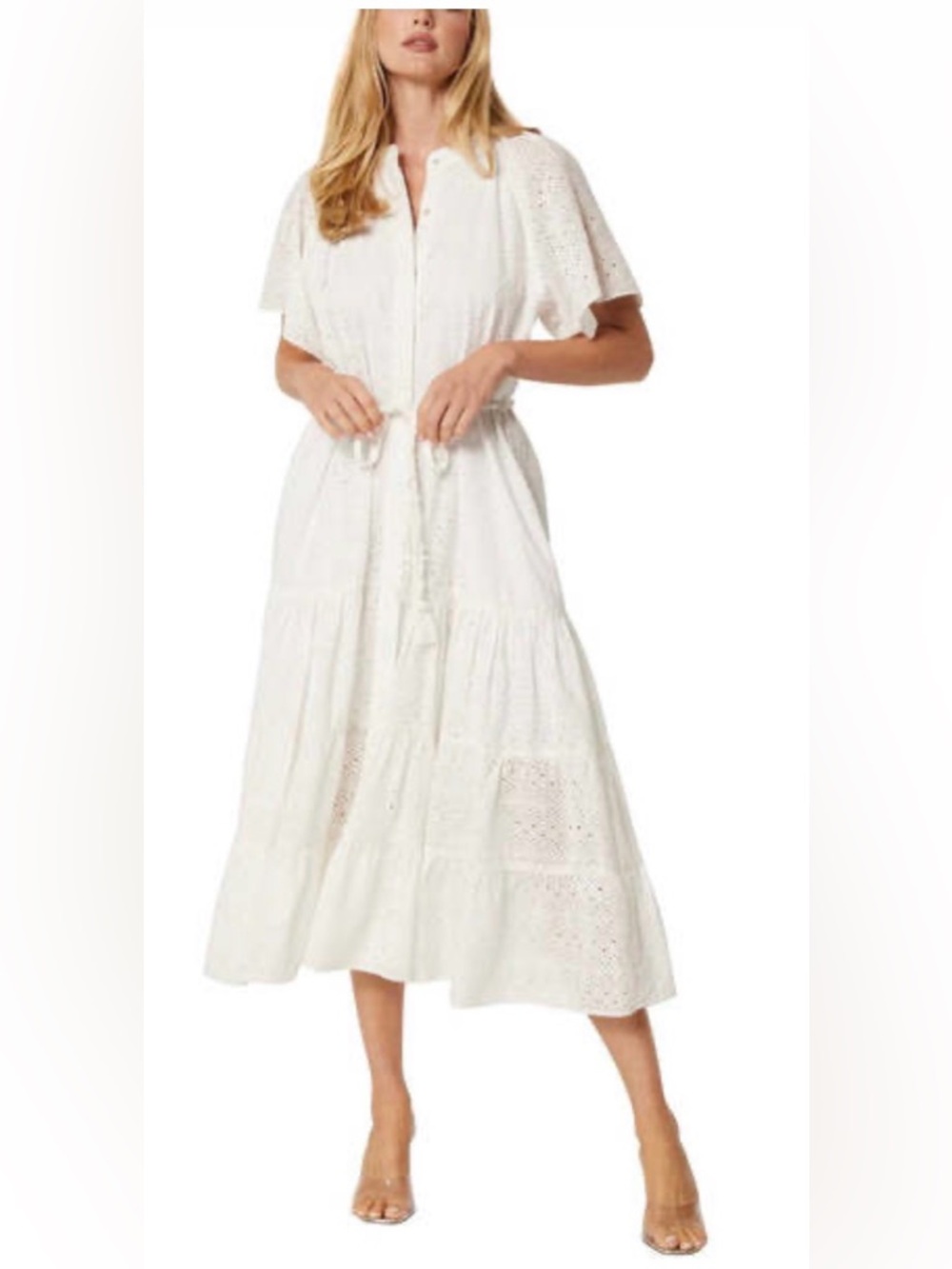 Misa Los Angeles Mallory Cotton Eyelet White Midi Dress Medium
